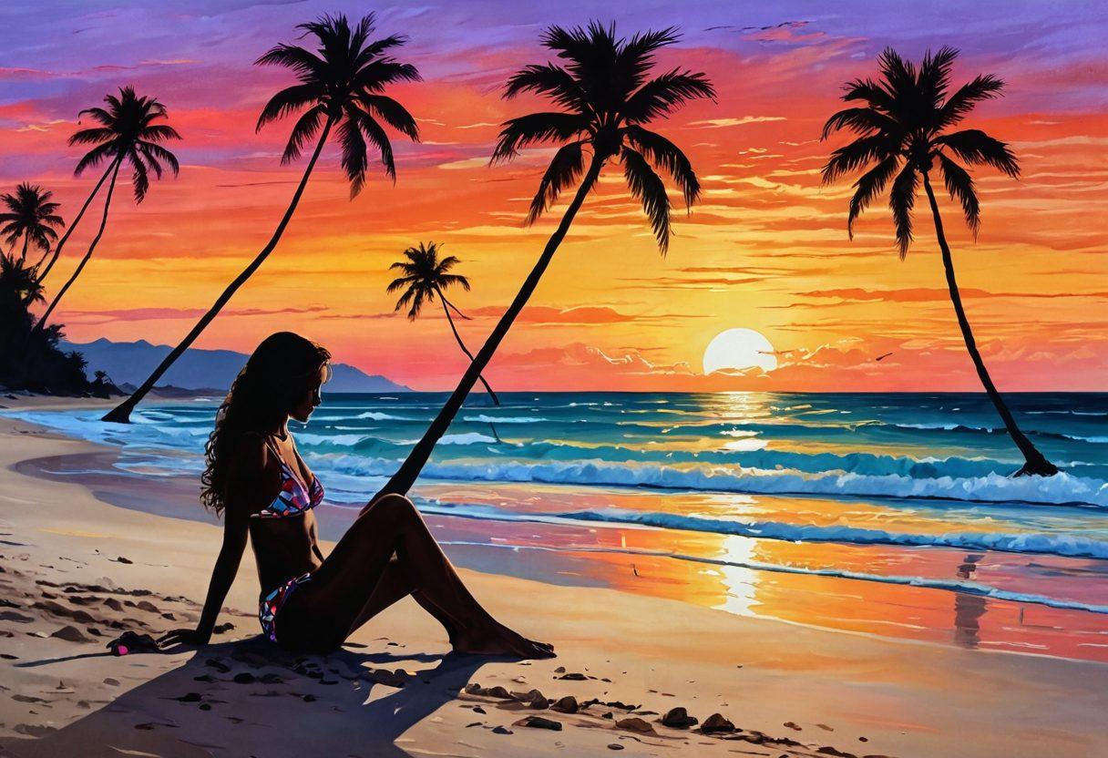 A melancholic beach scene at sunset, featuring a lone figure in a colorful bikini sitting on the sand, overlooking the ocean with wistful expression. Include scattered seashells, soft waves lapping at the shore, and distant silhouettes of palm trees. Convey a sense of longing and nostalgia for summer days through warm, glowing colors. vibrant colors. painting.